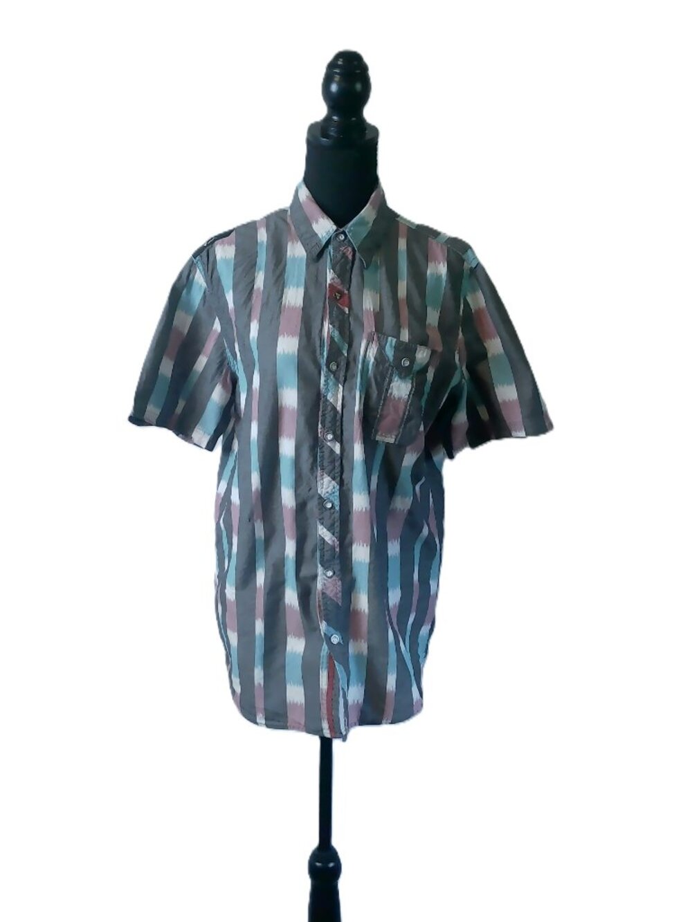 Society Men's Large Short Sleeve Button Up Shirt Vertical Ikat Stripe Grey Teal